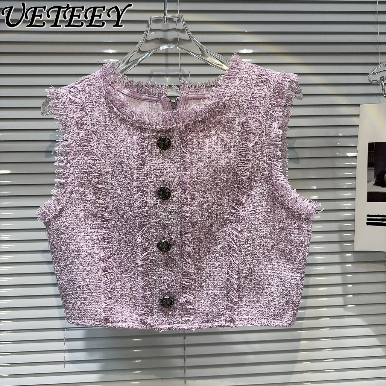 Summer New Fashion Sleeveless Short Coat Burrs Tassels Tweed Waistcoat Vest and A-line Mini Skirt Outfit Women's Two Piece Set