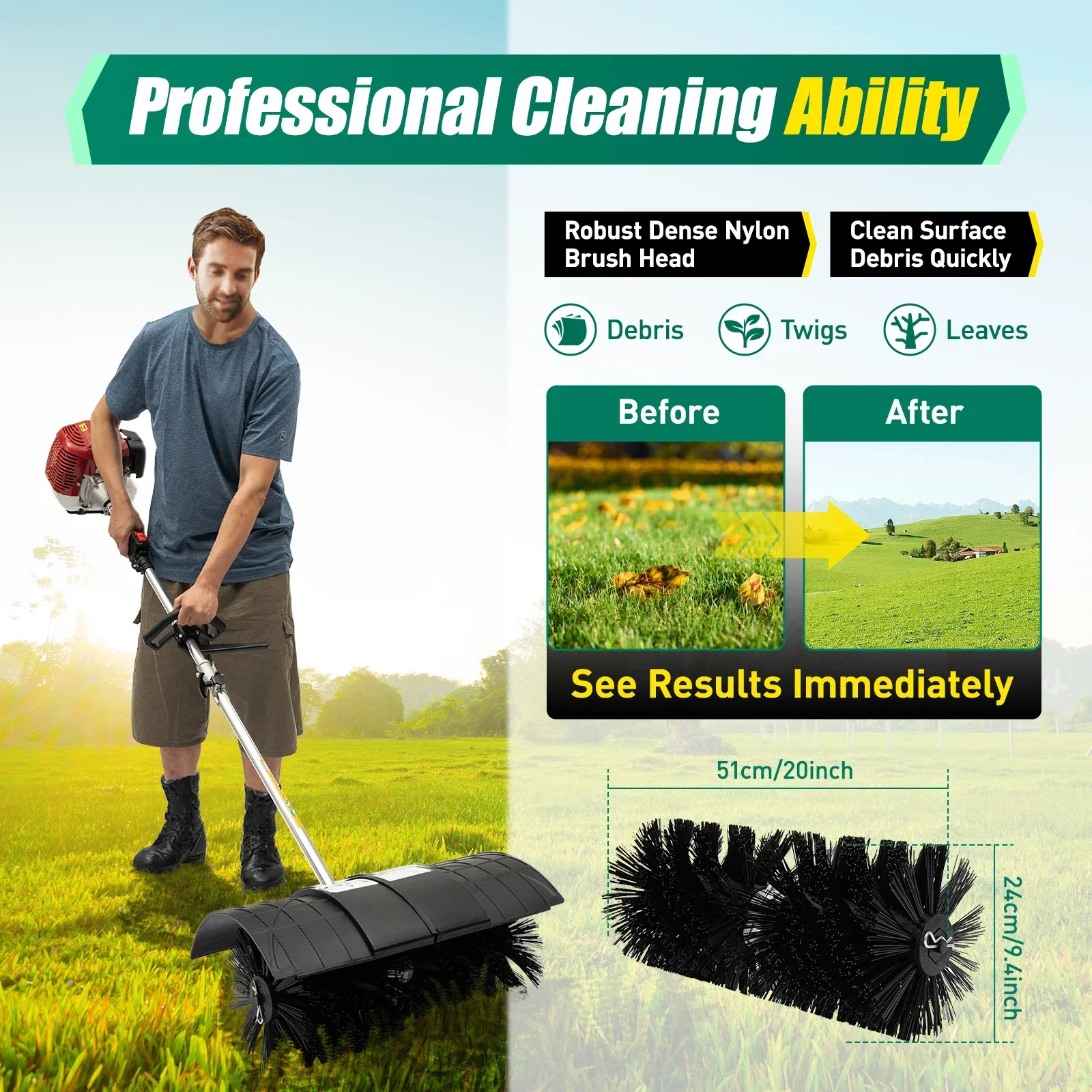 

2.3HP 52cc Gas Power Handheld Sweeper Broom Driveway Turf Artificial Grass Snow Clean Cleaning Tool