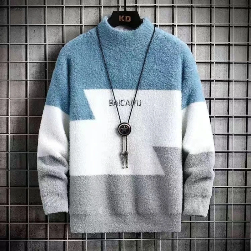 Contrast Patchwork O-neck Harajuku Pullovers Autumn Winter New Long Sleeve Loose Casual Sweaters Fashion Vintage Men Clothing 1