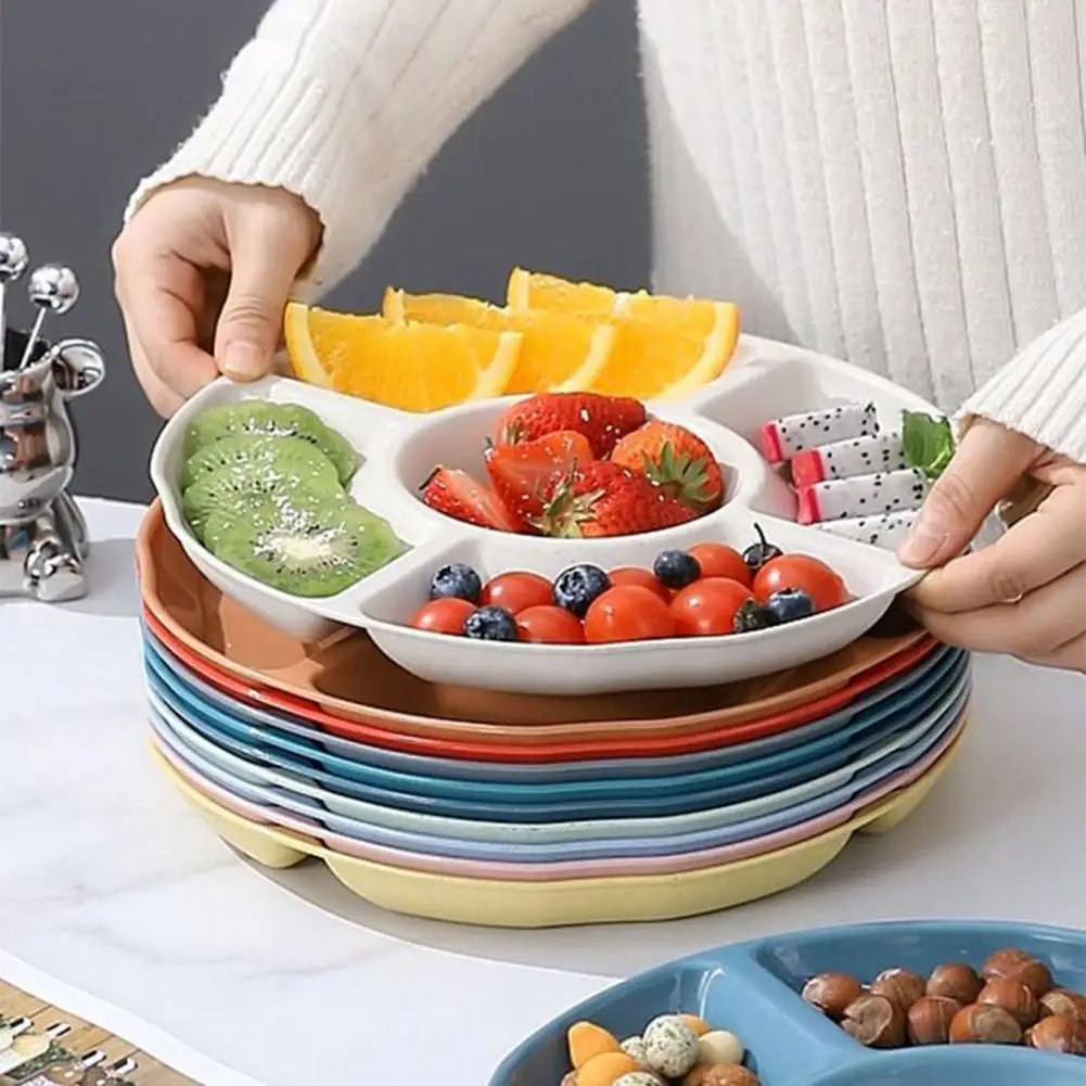 5 Compartments Candy Plate Round Food Grade PP Tray Safe Snack Fruit Nut Food Serving Dish Holder Kitchen Supplies Cream Color