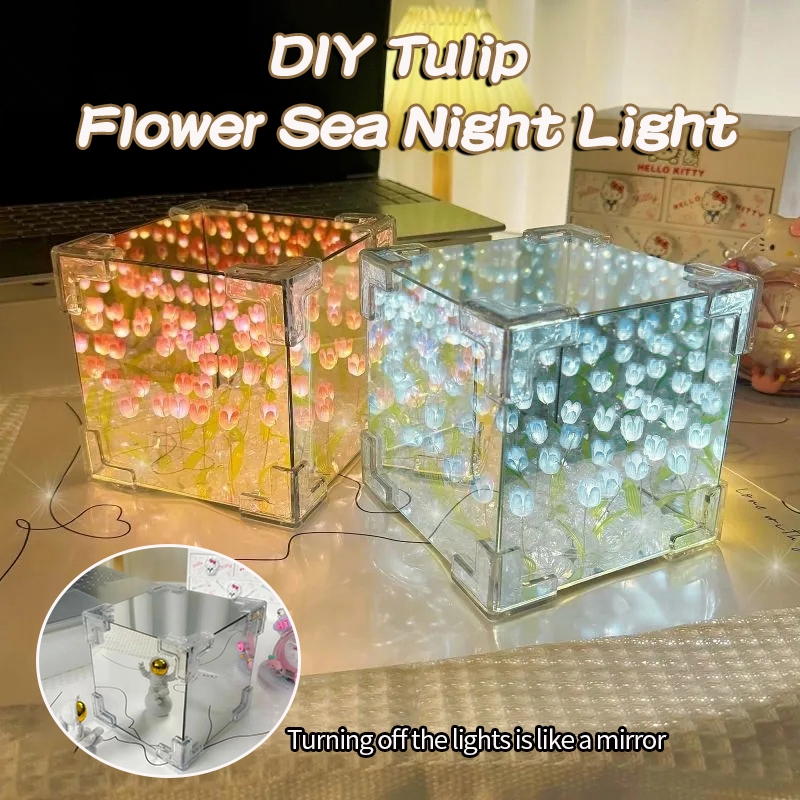 DIY Tulip Mirror Cube Lamp Three-Dimensional Nightlight Material Package Handmade Craft Birthday Gifts Led Tulip Night Light