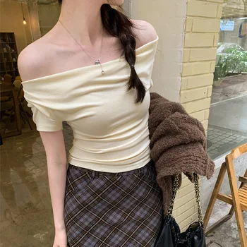 2025Summer T Shirt Women Straight Short Sleeve slim Off-Shoulder Crop Top Tide Swing Collar Tee Shirts Y2K Sexy Woman Clothes