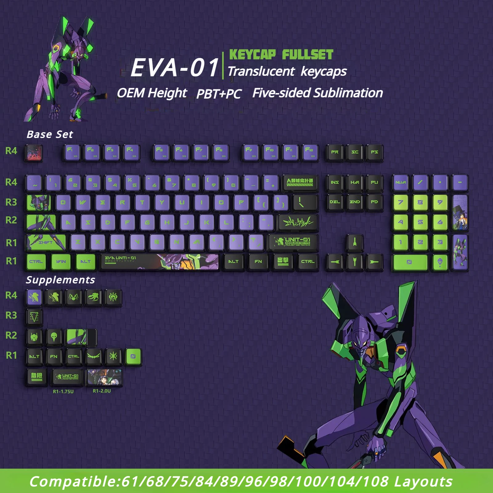 

Japanese Anime EVA Keycaps 122 Keys OEM Profile PBT Sublimation Four-sided Translucent Keycap for Gaming Mechanical Keyboard