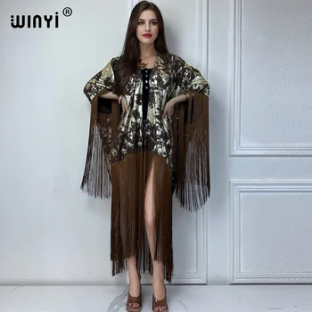 WINYI kimono cover-ups summer boho print Bikini Cover-up Elegant fashion Cardigan sexy Holiday long Sleeve tassels maxi dress 1