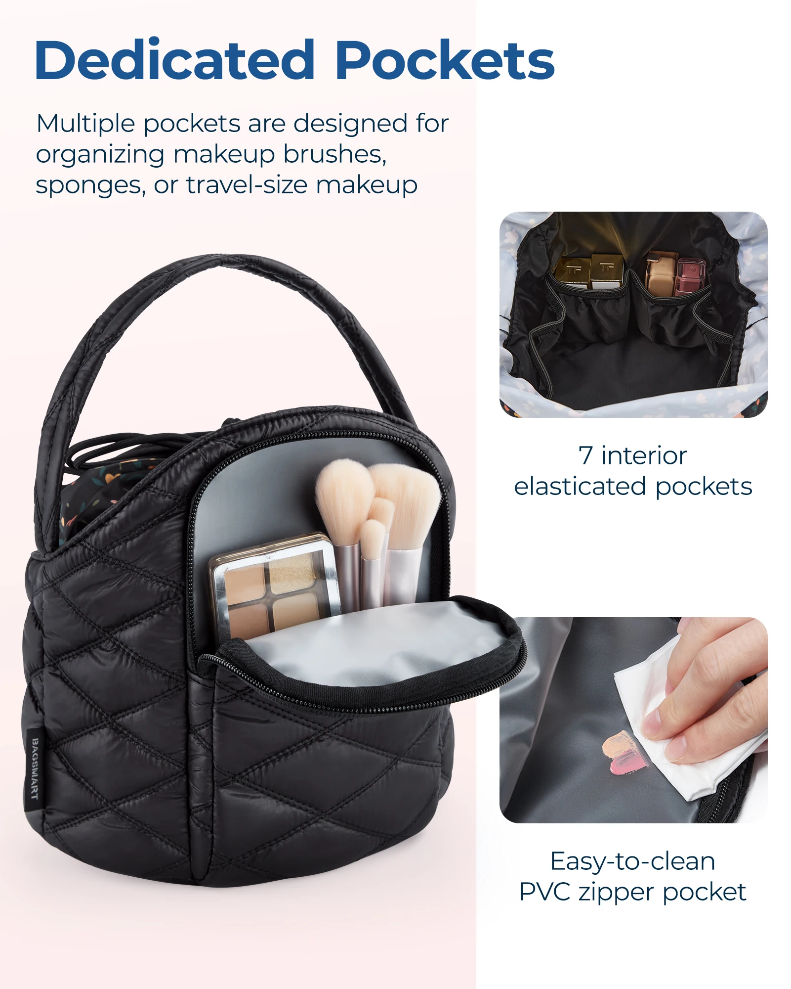 BAGSMART 드로스트링 화장품 가방, 보관 메이크업 가방, 정리함 파우치, 휴대용 방수 세면 용품 뷰티 케이스, 여성용 핸드백
