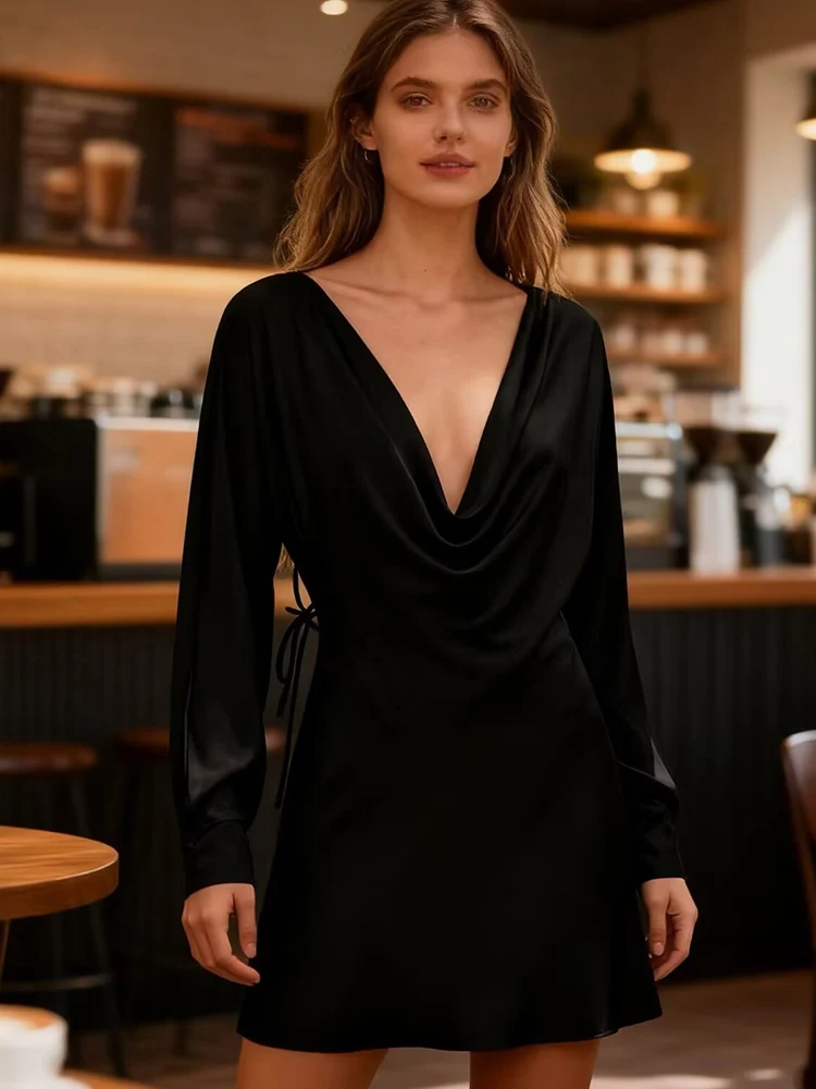 Women Elegant Mini Dress Sexy Swinging Collar Solid Long Sleeve Night Clubwear Lace Up Streetwear Fashion New Lady Clothes