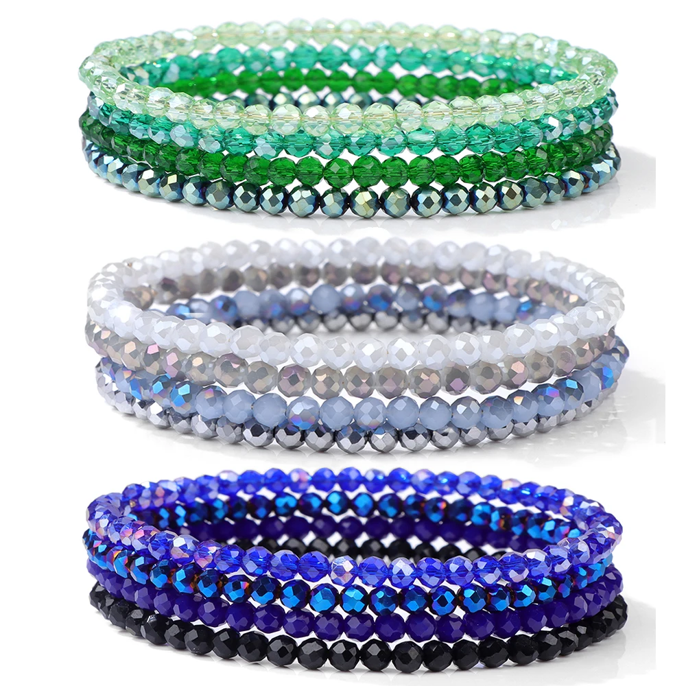 Blue Crystal Beads Bracelet Set For Women Men Transparent Colorful Crystal Glass 3x4mm Beads Stretch Bracelet Handmade Jewelry