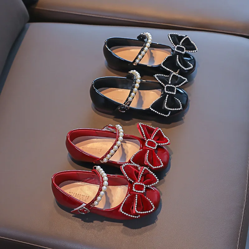 Black Red Leather Kids Mary Jane Shoes with Rhinestone Bow