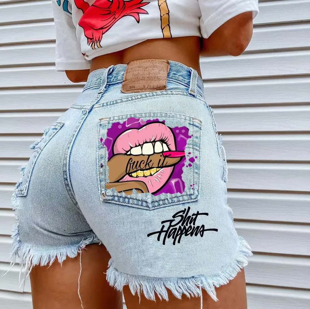 Women's summer fashion lip printed denim shorts