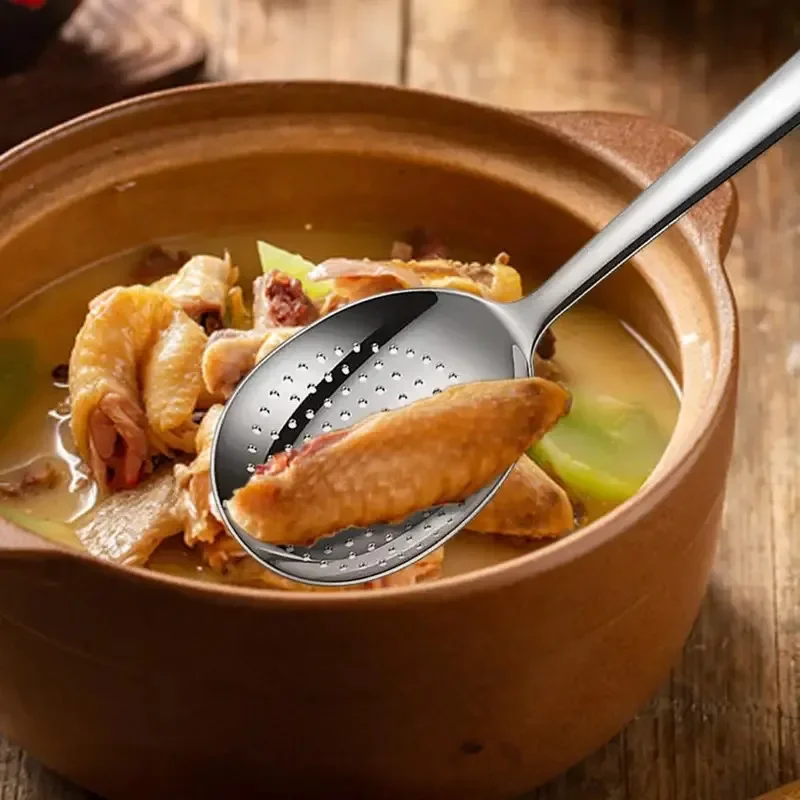 1PC  Stainless Steel Soup & Rice Ladle, Serving Spoon with Drain Holes & Heat-Resistant Handle, Daily Use Kitchen Utensils