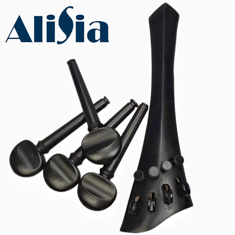 Ebony Wood Cello Tailpiece and Pegs New Model Cello Accessories Parts Tail piece with Gut Finetuners