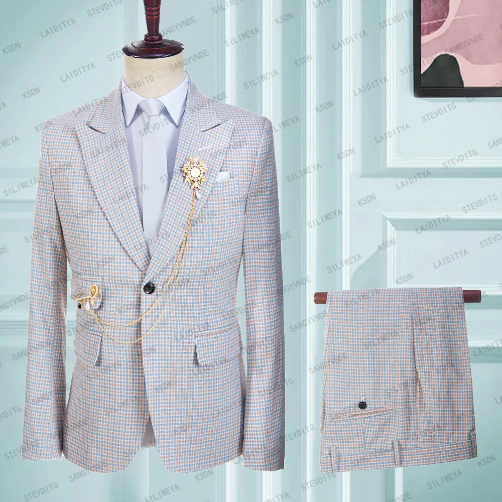 

2023 Men's Casual Boutique Business British Blue and Orange Plaid Linen Blazers Jacket Trousers Suit 2 Pcs Set