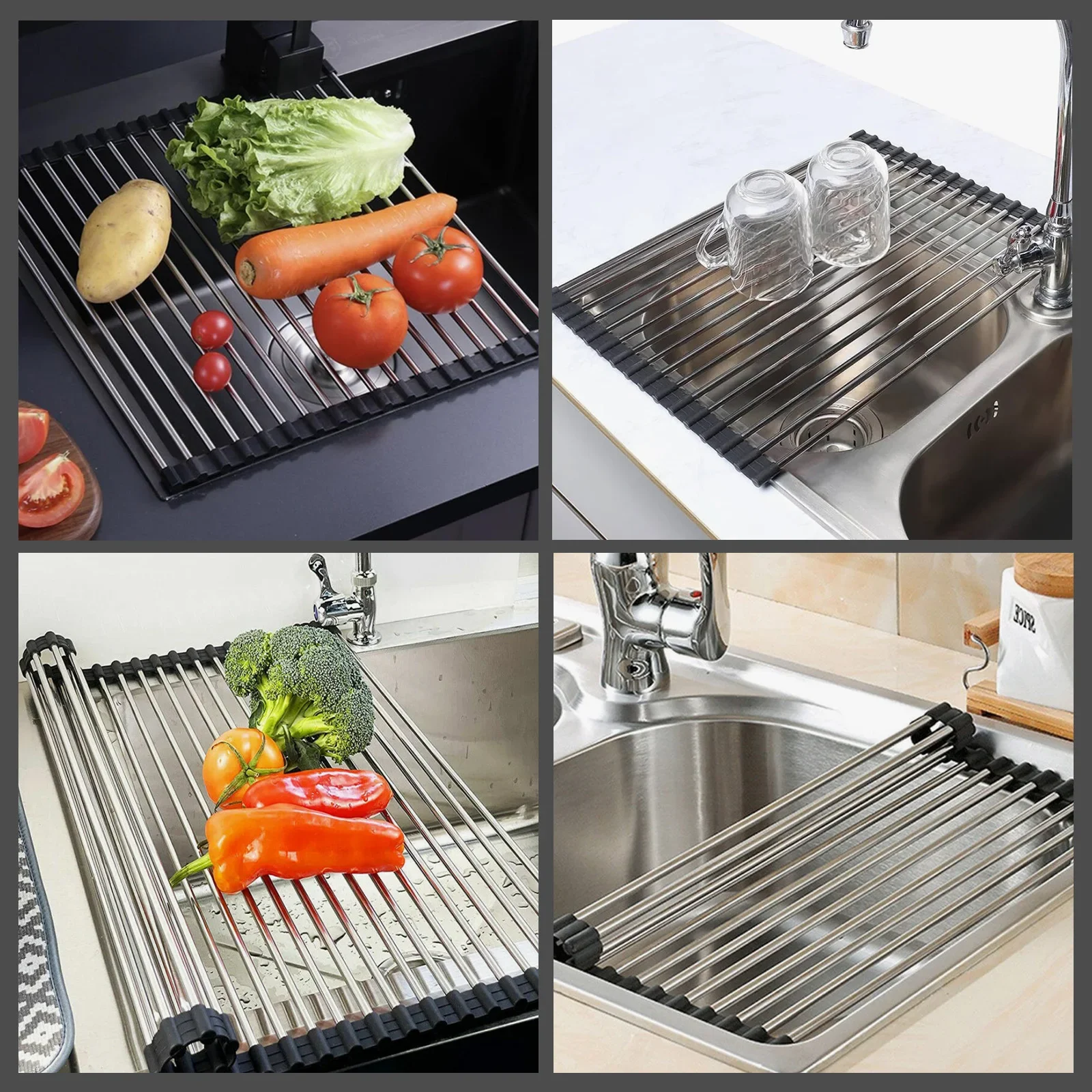20 Tube Fruit Holder Sink Roller Foldable Kitchen Dish Drying Rack Stainless Steel Bowl Organizer Basket Racks Home Accessories 6