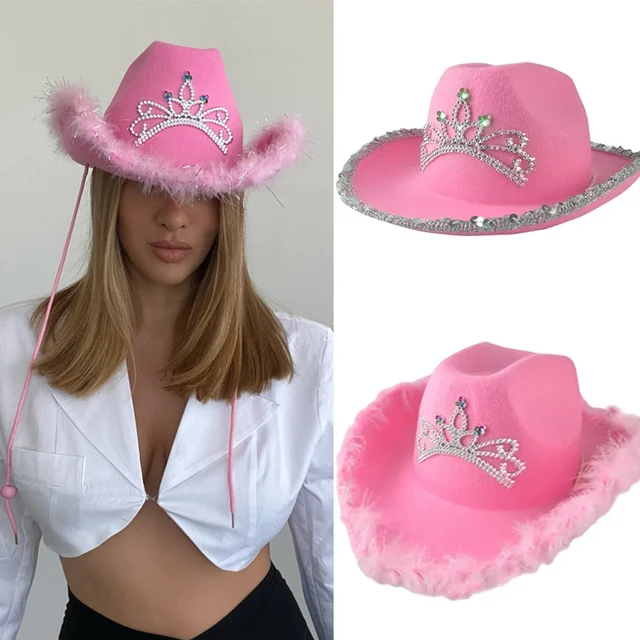 Western Style Cowboy Hat Y2K Pink Women Girls Birthday Party Caps with Feather Sequin Decoration Crown Tiara Party Cowgirl Hats 2