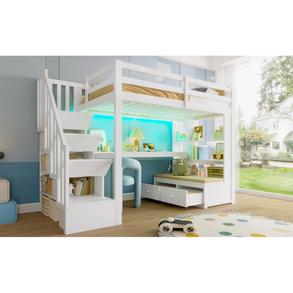 90x200cm modernes Hochbett, Kinderbett, Babybett mit Schreibtisch und Regalen, zwei integrierte Schubladen, Stauraumtreppe, Schlafzimmermöbel – Detail 20