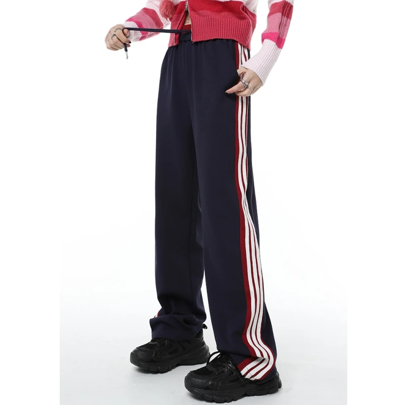 

Women Navy Blue Sweatpants Stripe Drawstring Vintage Baggy American Streetwear Style Fashion Female Straight Wide Leg Trouser