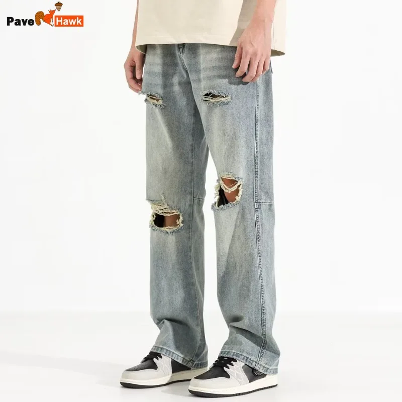 

Broken Hole Design Jeans Men Distressed Vintage Straight Denim Pant Hip Hop High Street Cargo Blue Trousers New Spring Casual