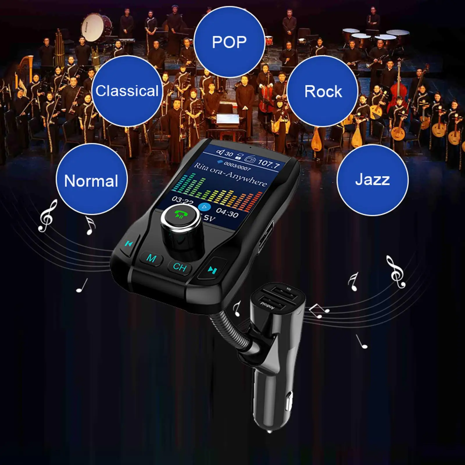 Bluetooth 5.0 Car FM Transmitter Radio 5V Car Adapter MP3 Player w/ 1.8 Inch Color Display 2 Port USB Charge w/Mic
