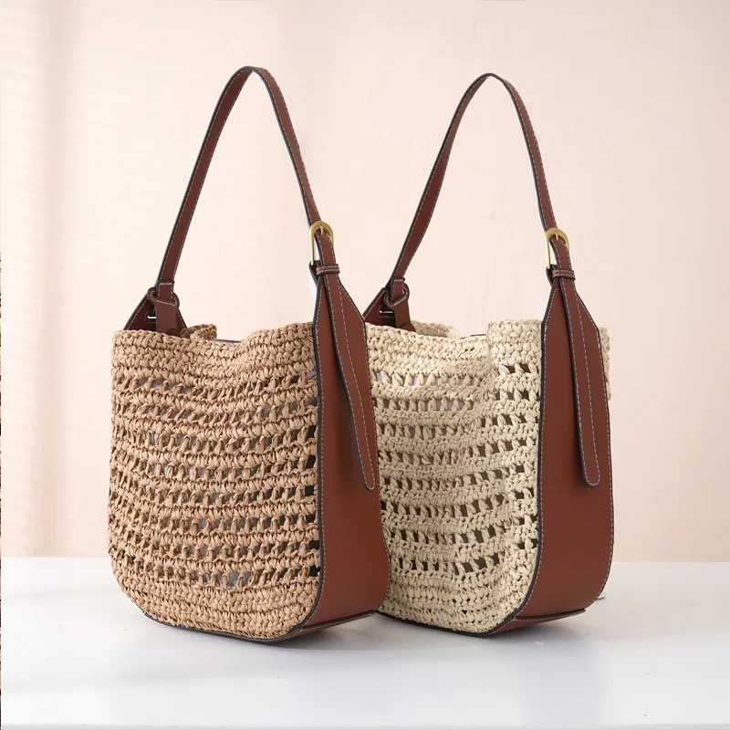 Hollow Design Woven Women's Beach Bucket Bag Shoulder Purse Handwoven Summer Large Capacity Underarm Handbag