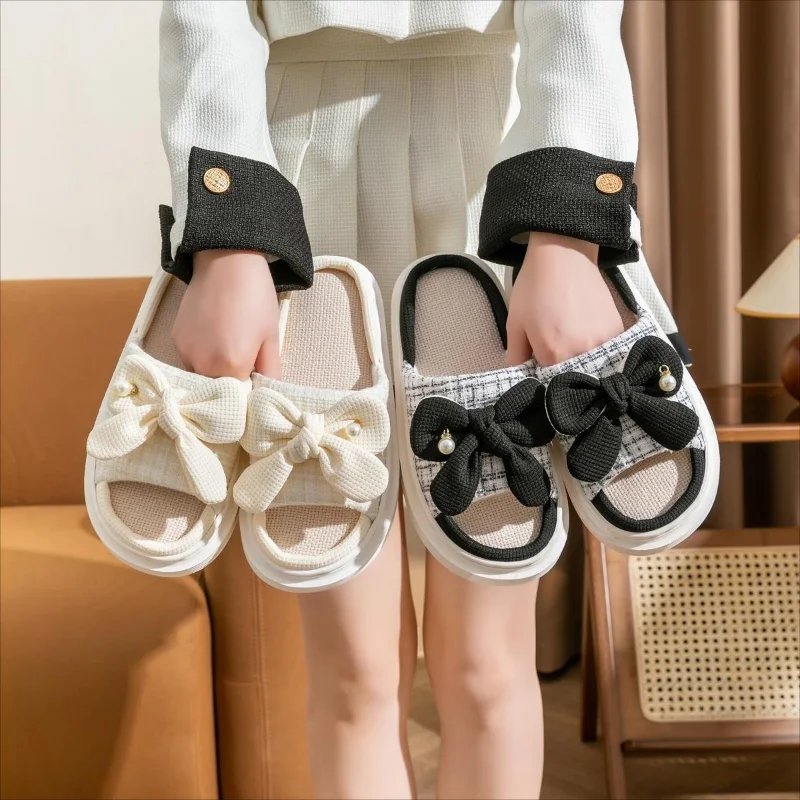 

Женские льняные тапочки на платформе с бантом, летняя обувь для дома 2023, женские нескользящие дышащие тапочки на толстой подошве для пар