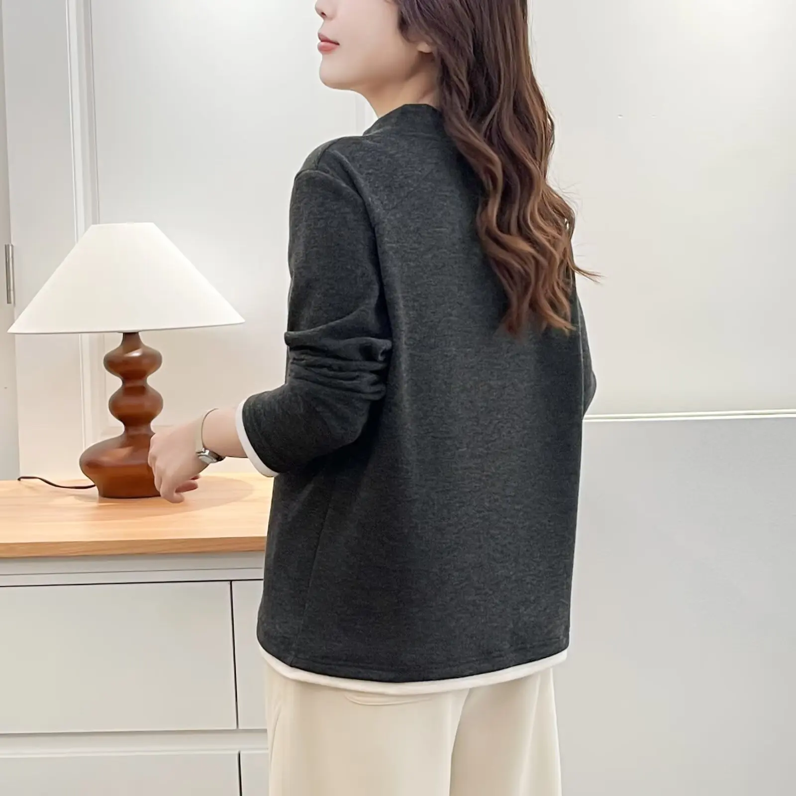 XXXXL Fashion Plus Size Women's T-Shirt Simple Block Color Fleece Warm Zipper Stand Up Collar Base Tops Autumn And Winter 2529