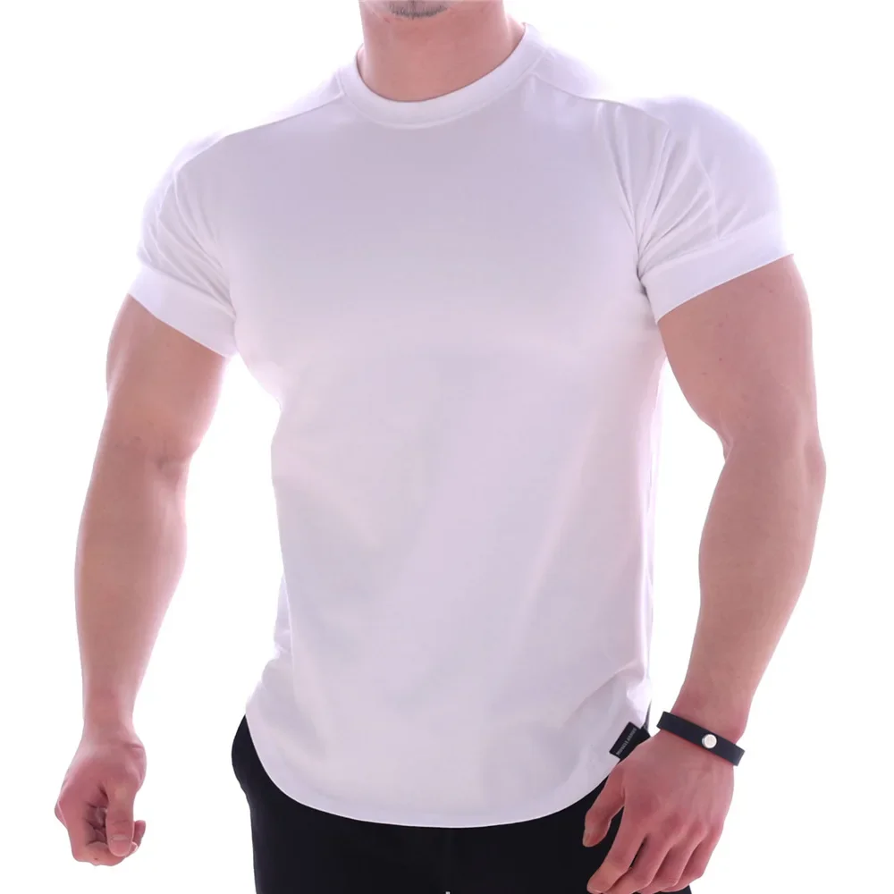 

B8002 Men Summer T Shirts High Elastic Slim Fit Tshirt Men Quick-drying Curved Hem Mens T-Shirts Solid Color 3XL