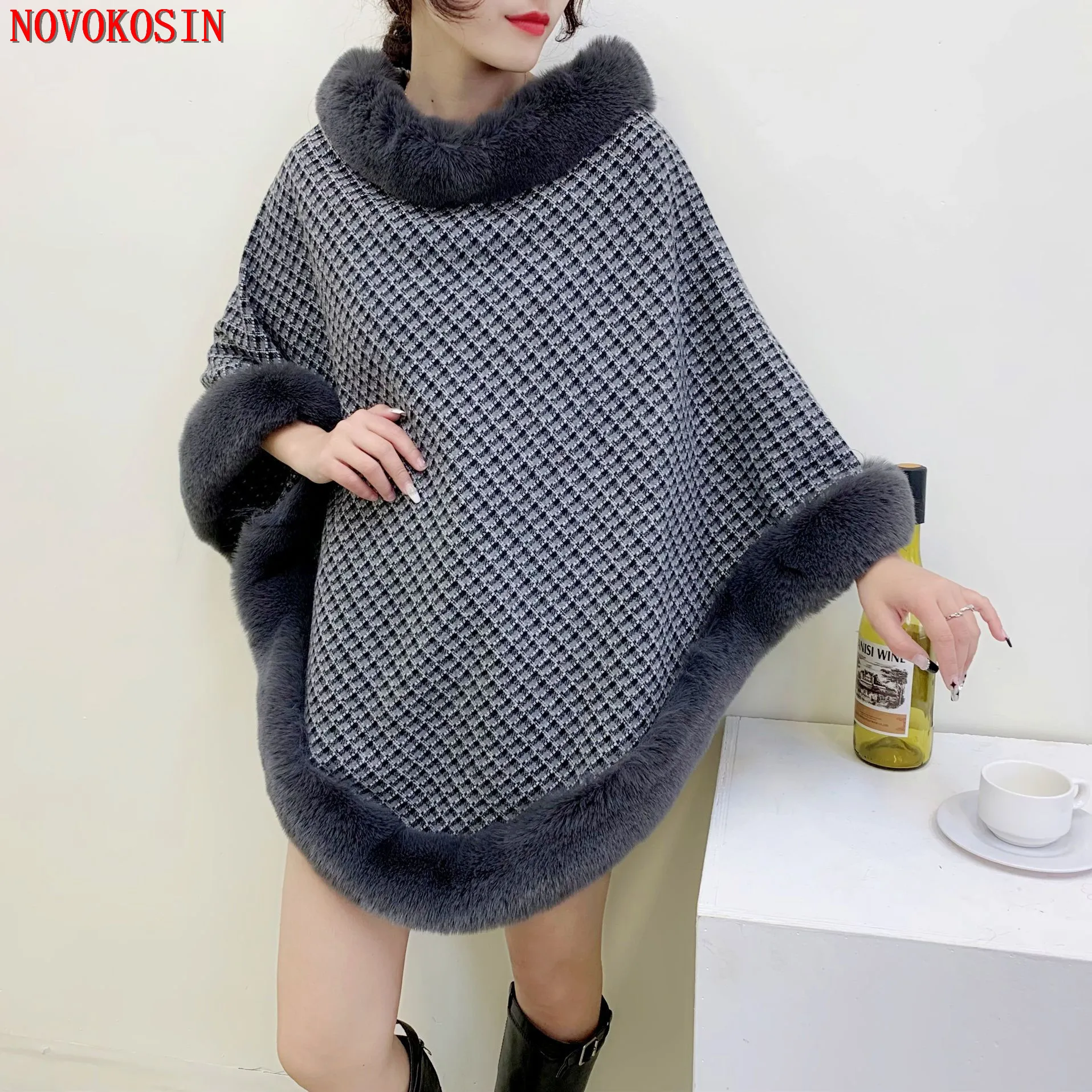 6 Colors 2023 New Plaid Loose Pullover Streetwear Batwing Sleeves Poncho Autumn Warm O Neck Faux Rabbit Fur Women Shawl Coat chenkio women s plaid blanket winter scarf warm cozy tartan wrap oversized shawl triangle scarf scarves and shawls neck scarf