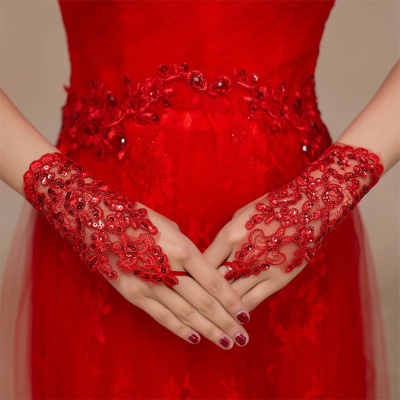 

1 Pair White/red Bridal Gloves Elegant Short White Lace Rhinestone Women's Fingerless Gloves Wedding Accessories