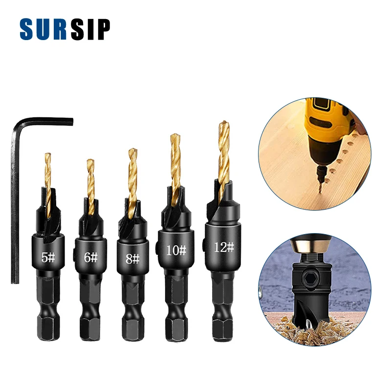 

5/6pcs Countersink Drill Bit Set Wood Tools Woodworking Drill Bit Pilot Holes Hex Shank Screw Size #5 #6 #8 #10 #12 With wrench
