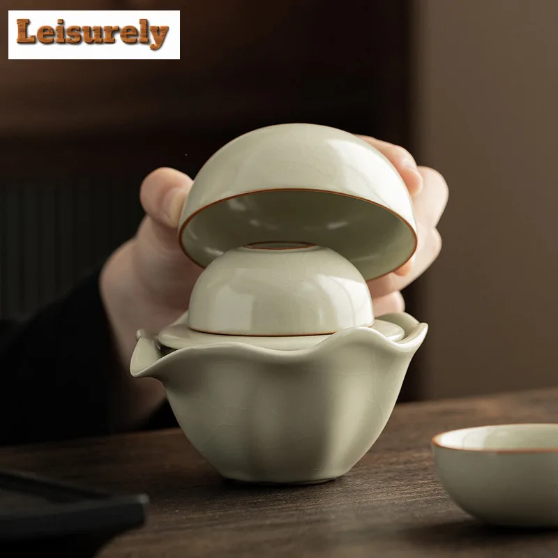 Antique Ru Kiln Porcelain Lotus Travel Tea Set Kit Ancient 1 Pot 3 Cups Tea Maker Organizer Portable Camping Tote Bag Supplies