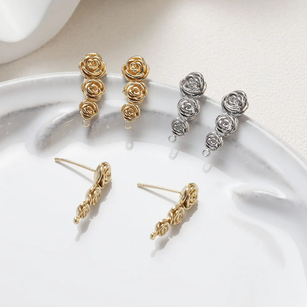 

2PCS Brass Rose Ear Studs Earrings DIY Accessories 14K Gold Plated Jewelry Making Supplies Components