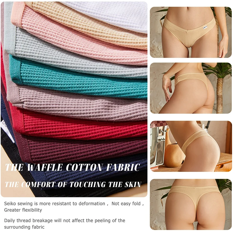 FINETOO 3PCS/Set G-string Panties Waffle Cotton Women's Underwear Sexy  Panties Female Underpants Thong V-Waist Pantys Lingerie