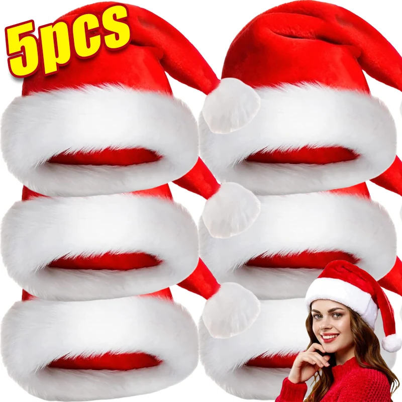Thickened Christmas Santa Hat for Adults Kids Plush Velvet Santa Claus Caps Hats Xmas Festival Party Decor New Year Gift 5/1PCS
