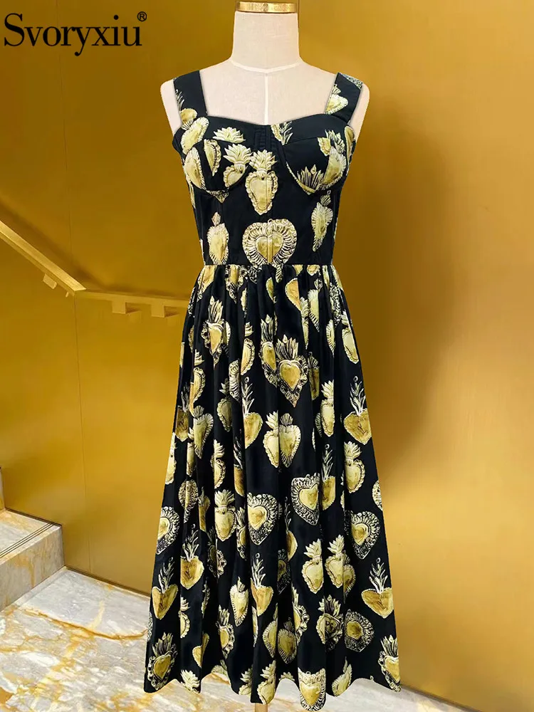 

Svoryxiu Fashion Designer Summer Party Vintage Print Long Dress Women's Spaghetti Strap Elastic Waist Slim A-Line Dresses