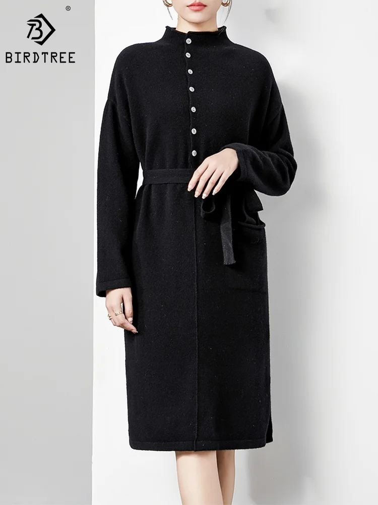 

Birdtree 100%Sheep Wool Elegant Fashion Dress Mock Neck Long Sleeve Warm Loose Slim Casual Bottom Dresses Fall Winter D3N879QM