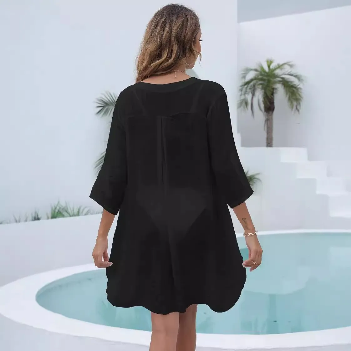 Summer Women's Clothing Deep V Neck Three Quarter Sleeve Loose Waist Midi Beach Dress Polyester Slub Cotton Solid Swee 2