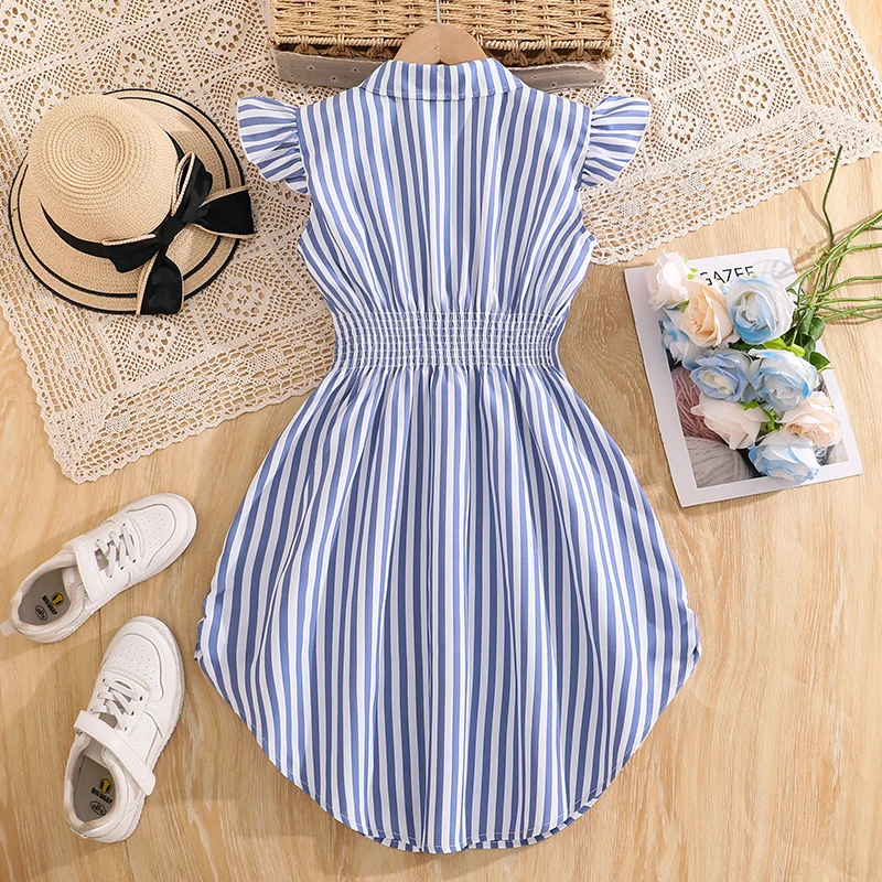 Blau-weiß gestreiftes Kleid für Mädchen von 8–12 Jahren, Hemdkragen mit Rüschenärmeln und gestreiftes Button-Down-Kleid mit seitlichen Bändern, lässige Kinderkleidung – Detail 3