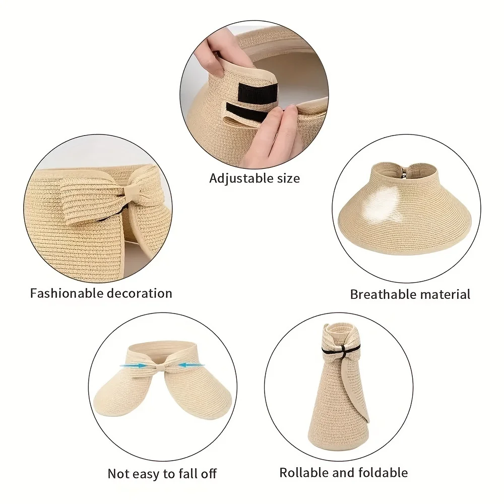 1pc Wide Brim Sunshade Straw Hat Foldable Bow Straw Woven Empty Top Hat Beach Mountaineering Travel Multi-purpose Sunshade Hat