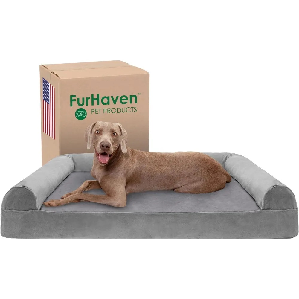 

Dog Bed for Large Dogs w/ Removable Bolsters & Washable Cover, For Dogs Up to 125 lbs - Faux Fur & Velvet Sofa - Smoke Gray
