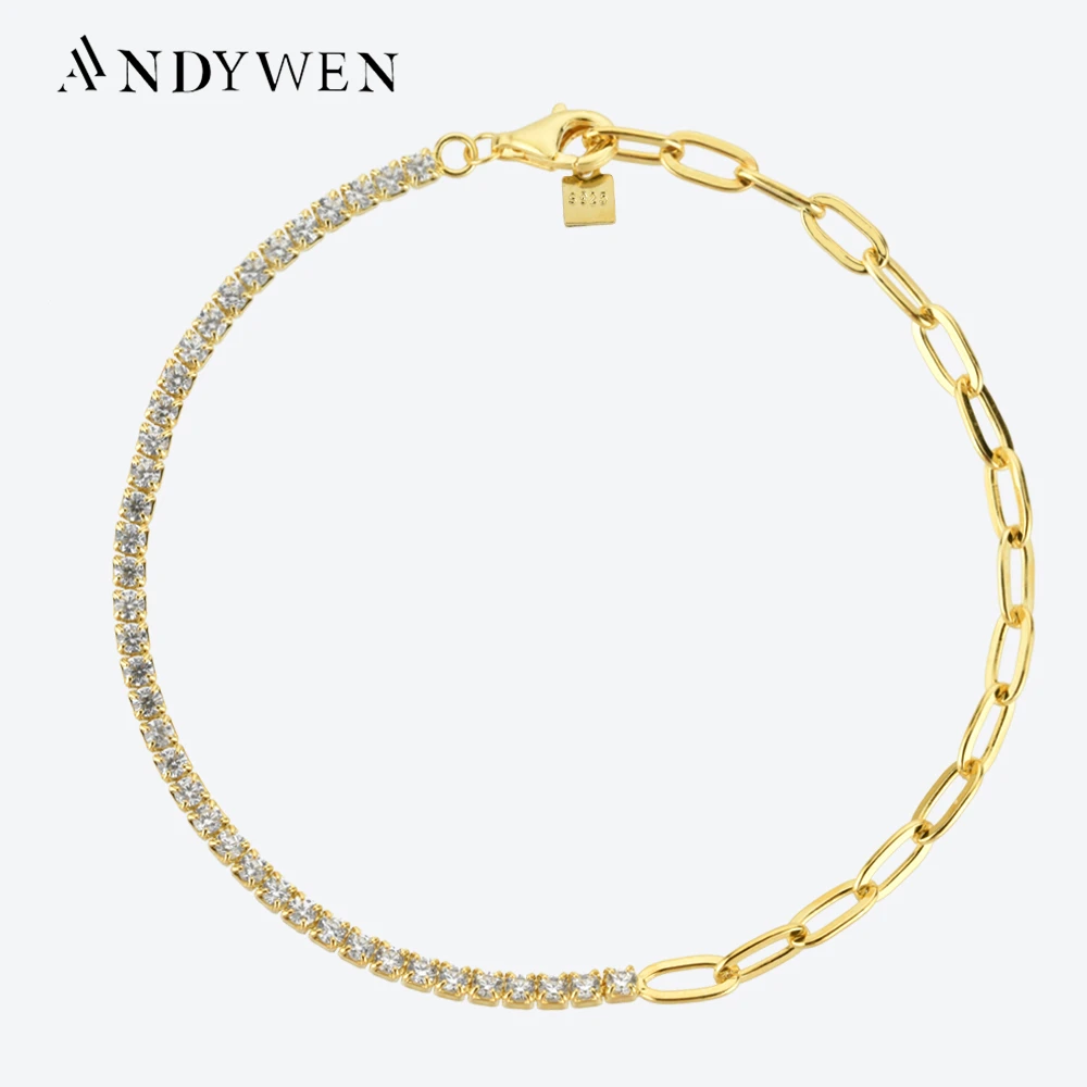 ANDYWEN 925 스털링 실버 대형 투명 테니스 종이 클립 팔찌 체인 보석, 여성 도매 가격, 2mm 방수 직송 