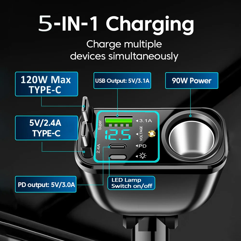 120W 5-in-1 Einziehbares Auto-Handy-Ladegerät PD USB Schnellladung mit LED-Digital-Voltmeter Dach-Sternenhimmel-Lampe 90W Zigarettenanzünder – Detail 4