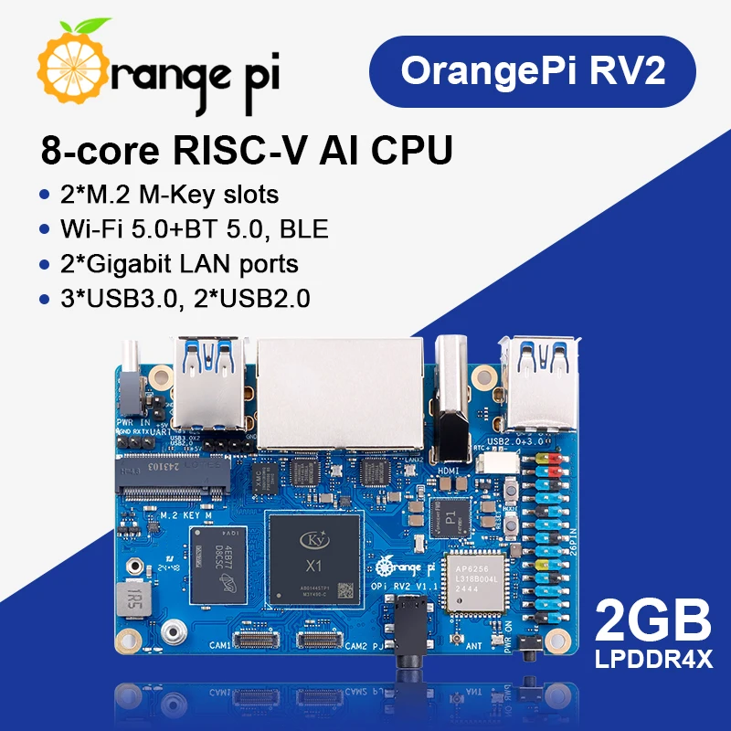 Orange Pi RV2 AI Development Board 2GB RAM RISC-V 2 TOPS NPU WiFi+BT5.0 ...