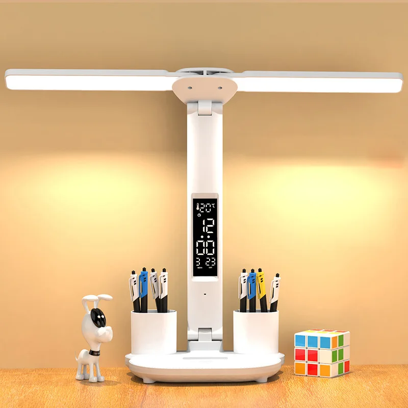 LED 더블 헤드 다기능 접이식 터치 테이블 램프, 달력 시계, USB 데스크 램프, 침실 침대 옆 독서등