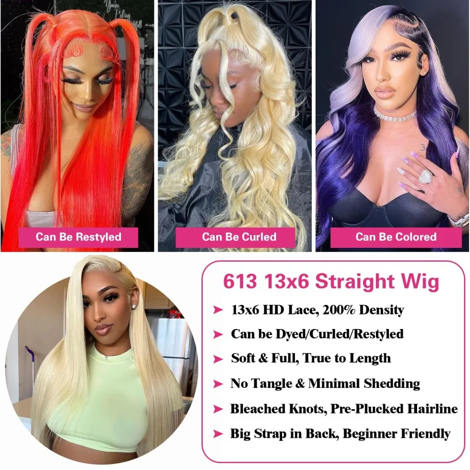 Straight Blonde Human Hair Wigs 100% 13X6 Hd Lace Frontal Wig 38 In Pre Plucked Brazilian Hair Wigs 613 Lace Front Wig For Women