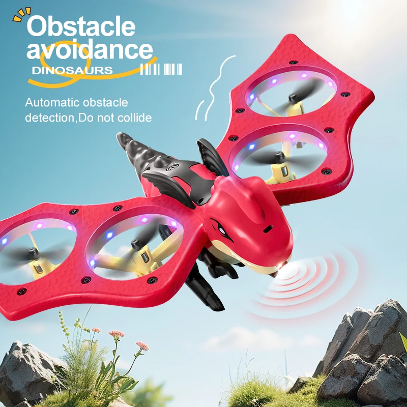 Drone Dinosaure 4DRC V48 en vol stationnaire, démontrant la fonction de détection de gravité pour un pilotage facile.
