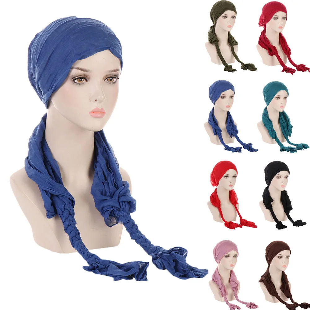 

Women Pre-Tied Muslim Braids Pleated Turbante Hijab Cancer Chemo Hat Cap Hair Loss Cover Head Scarf Wrap Headwear Bandana Indian