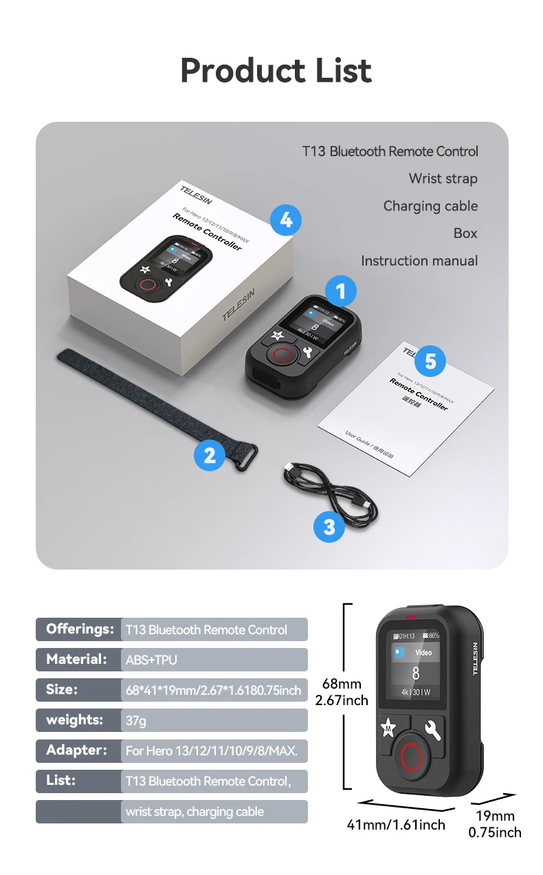 TELESIN Bluetooth Remote Control T13 Waterproof With WristStrap For Hero 13 12