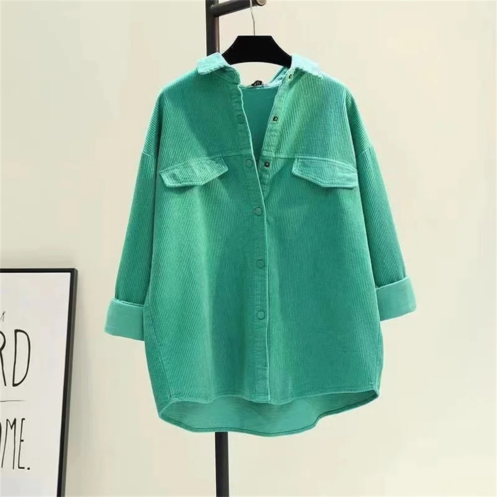 Women's Blouse Office Lady Polo-Neck Solid Double Pocket Long Sleeve Push Button Thicken Corduroy Mid-length Cardigan Coat Shirt