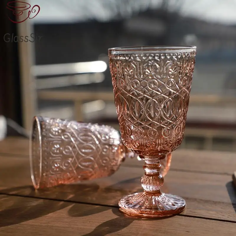Drinking Glass 2Pcs Vintage Relief Wine Glass Cups Color Embossed Goblet Home Juice Water Cup Wedding Party Champagne Cocktail Cup Gift 350Ml