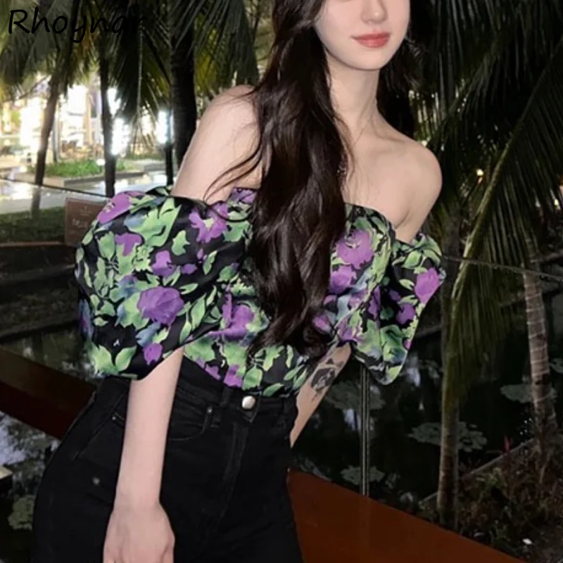 

Blouses Women Summer Slash Neck Vintage Stylish Temperament Ladies Puff Sleeve French Style Slim Holidays Chic Leisure Flowers